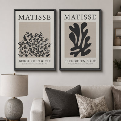 Classical Artwork "Henri Matisse, art botanique noir moderne, images murales neutres modernes, impression sur toile encadrée, ensemble de 2 pièces d'art mural" 16 x 24 x 2, 24 x 36 x 2
