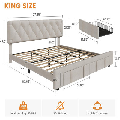 Très grande base de lit tapissier très grande avec tête de lit capitonnée à motif de losanges - 2 grands tiroirs de rangement - Support de lattes en bois robuste - Aucun sommier nécessaire - Mobilier de chambre silencieux -