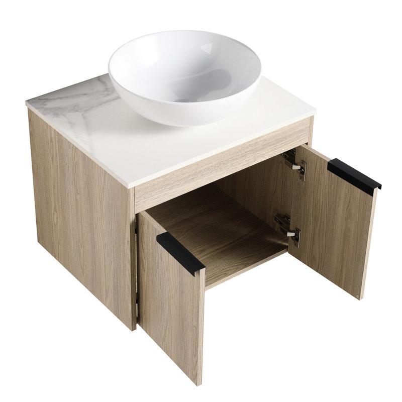 Meuble-lavabo mural 24 po. Chêne blanc avec lavabo en céramique et porte à fermeture en douceur. Vaste rangement. Fonction de fermeture en douceur. Armoires de rangement.