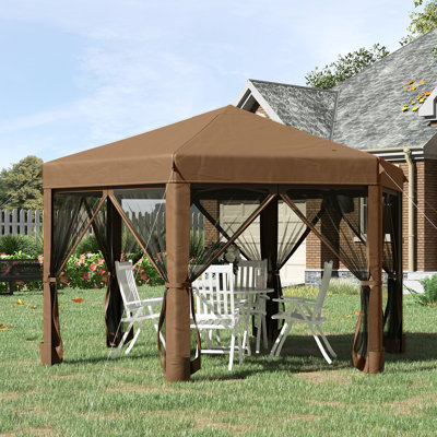 13' X 11' Hexagonal Gazebo Canopy, Heavy Duty Outdoor. 6 Mesh Sidewalls, Adjustable Height, Strong Steel Frame, Brown. Suited For Outdoor Book Fairs Gazebo, Canopy Tent. Sidewall Netting, Dark Great