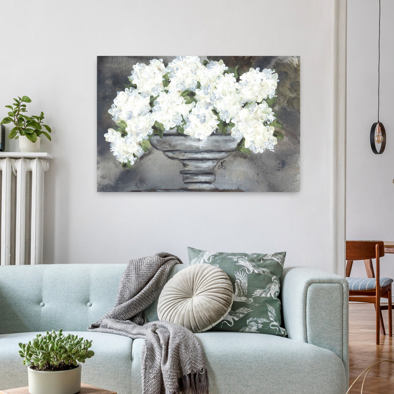 Boule de neige, hortensias I, art abstrait contemporain de fleurs d'hortensias, H 24 po x l 36 po