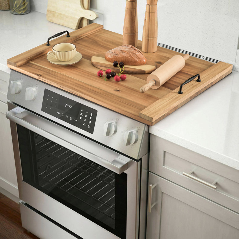 Solid Wood Stove Top Cover with Handle, Light Natural
