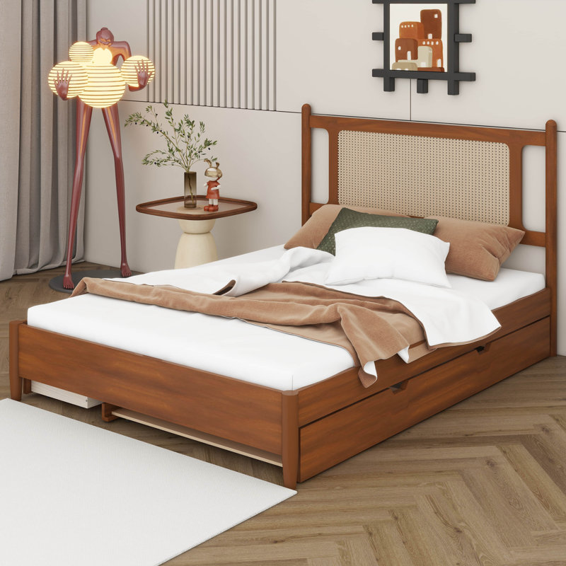  Grand lit plateforme en rotin Nanango avec 2 grands tiroirs et un lit gigogne en bois, Cherry