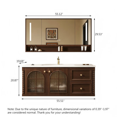 Brown Solid Rubberwood Wall-Mounted Bathroom Vanity with 2 Drawers & Smart Mirror Cabinet