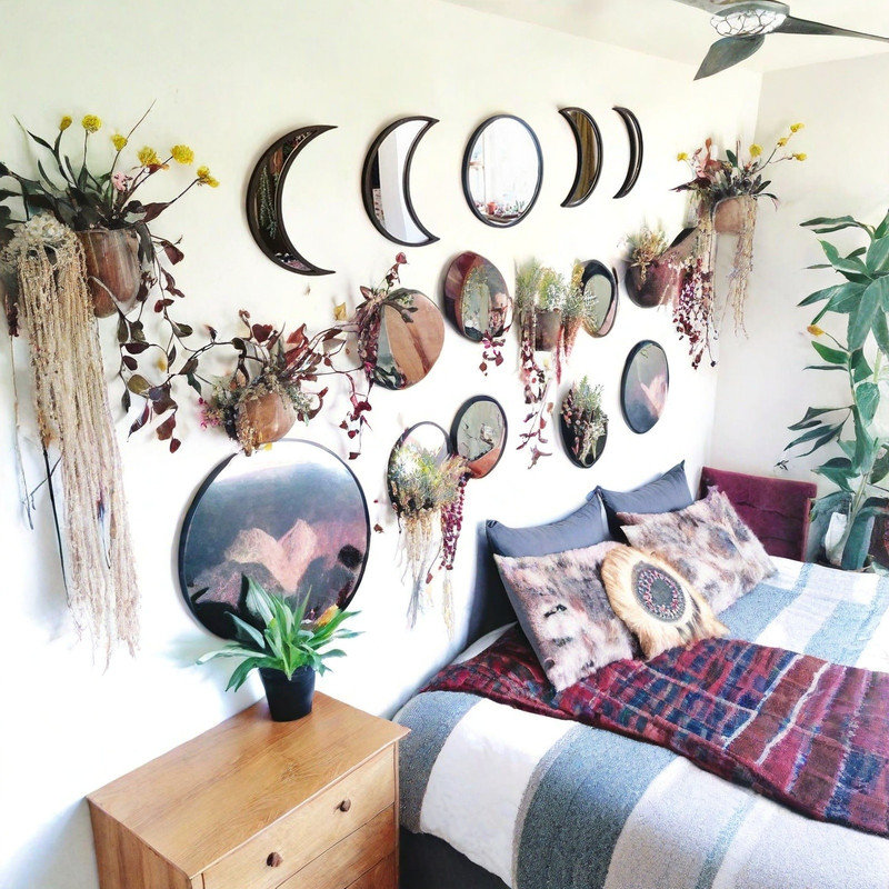 5 Pieces Wooden Moon Phase Mirror Bohemian Wall Decoration f-Not Real Mirror, Black