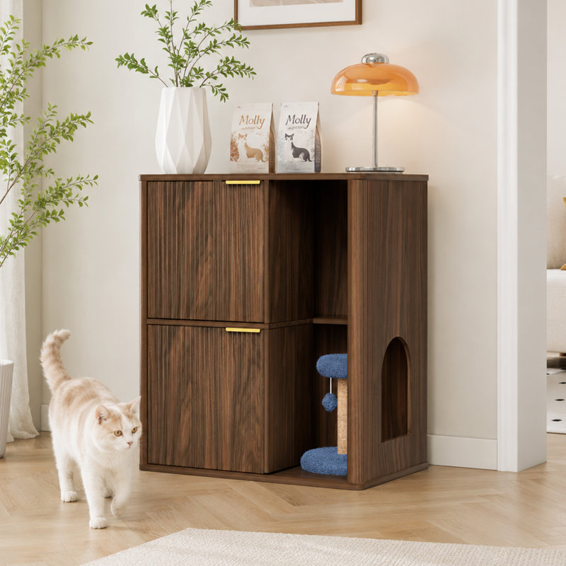 Enceinte de litière pour chat 31,5 "en noyer avec arbre à chat, deux portes et rangement, Brown
