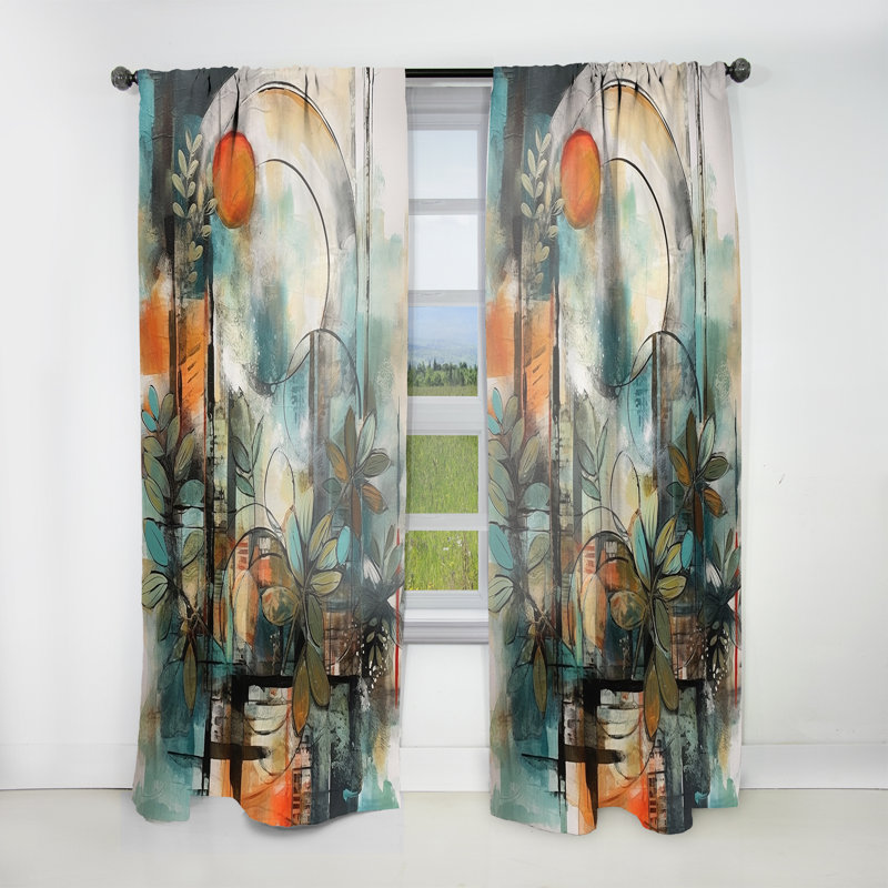 Bevington - Bohème abstrait orange et vert II - Rideau de plumes Boho - Velours obscurcissant - 1 panneau, L 52 po x L 108 po