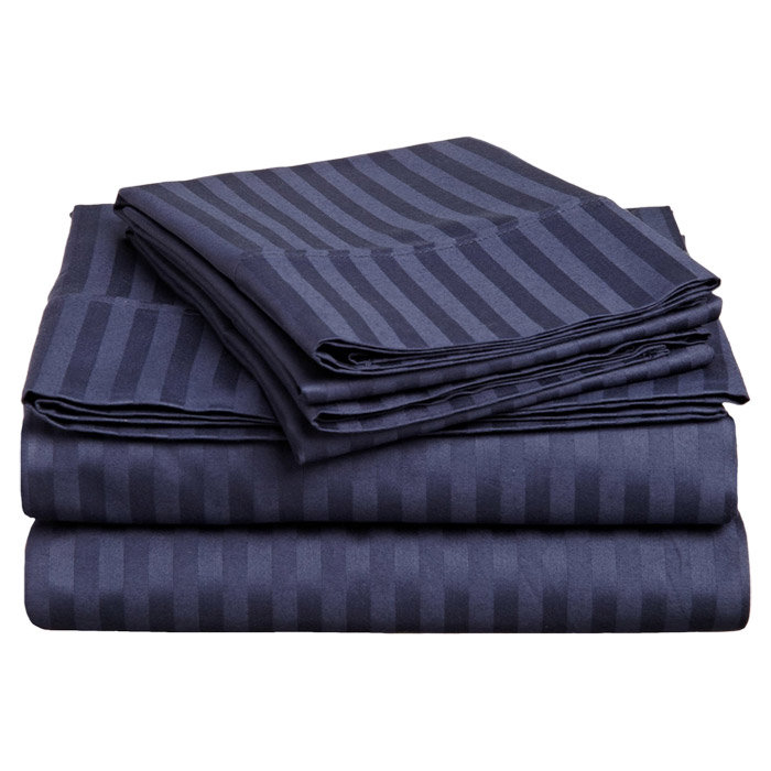 300 Thread Count Certified Egyptian Cotton Stripe Sheet Set, Navy Blue, Split King Sheet Set + 2Fitted Sheet + 2Pillowcase