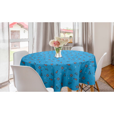 Ambesonne Lighthouse Round Tablecloth, Polka Dotted Background Life Anchored Abstract Marine Vintage Nautical, Circle Table Cloth Cover For Dining Room Kitchen Decoration, 60", Blue Red White