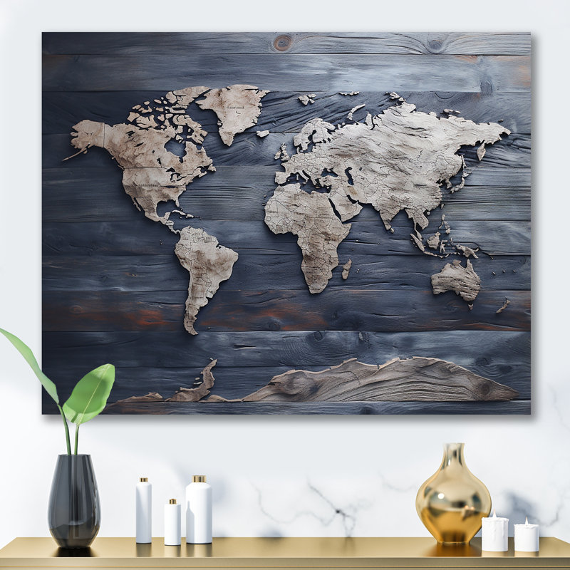Carte du monde rustique - impression de décoration murale carte du monde, H 34 po x l 44 po x P 1,5 po, Toile tendue