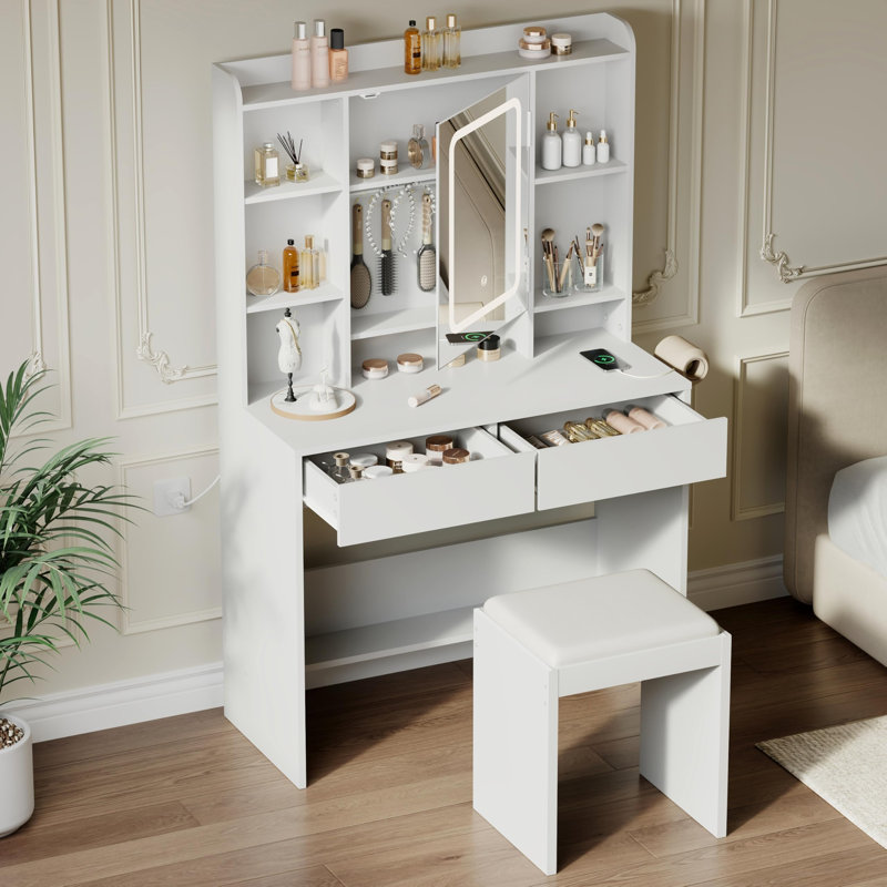 Vanity Desk with Mirror and Lights, for Bedroom,Includes Padded Stool,  Easy to Assemble, Storage Drawers, USB Outlets, Hairdryer Holder, Adjustable LED Light with 3 Lighting Modes
