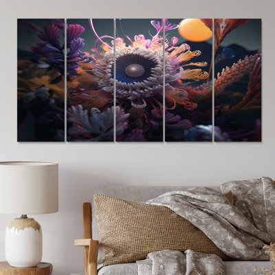 Futuristic Purple Blossoming Dahlia Flower II - Dahlia Wall Decor - 5 Equal Panels