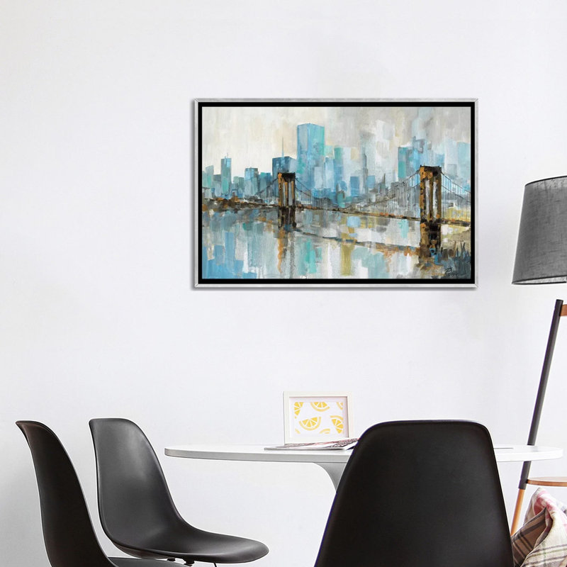 Teal City Shadows par Ruane Manning - reproduction d'art, H 26 po x l 40 po x 1,5 po, Toile avec cadre argenté, Aucun mat