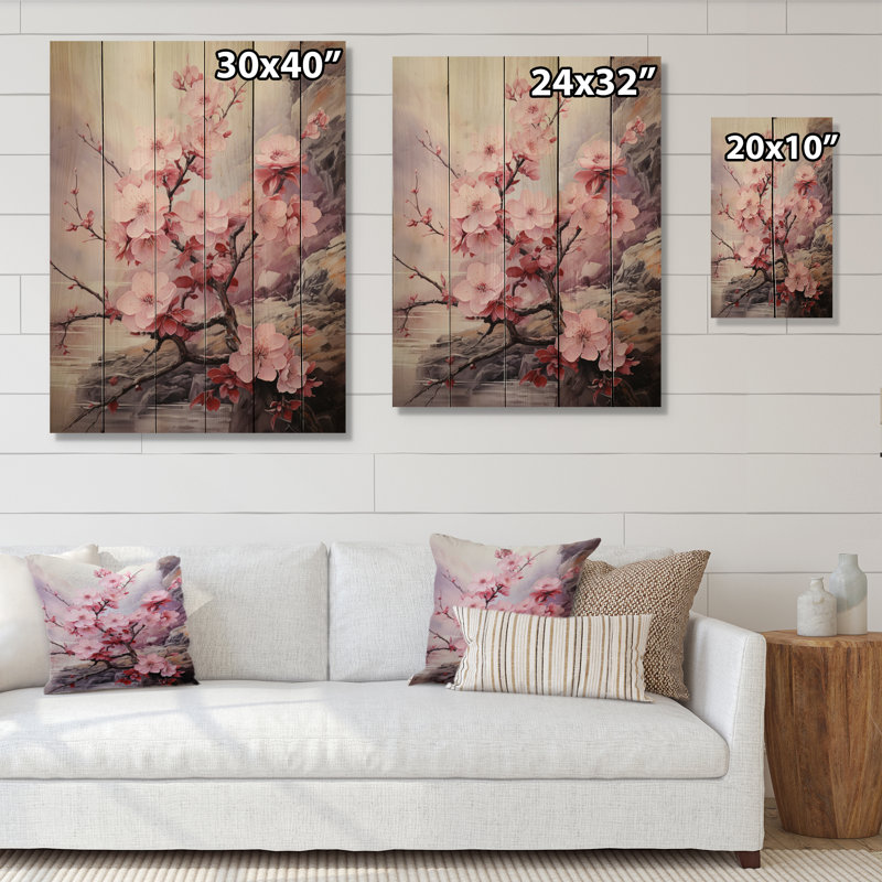 Art asiatique, fleur de cerisier III - impression asiatique sur bois de pin naturel, H 20 po x l 10 po x P 0,78 po