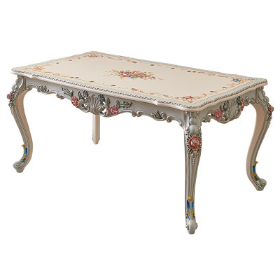 62.99" French Court Style Handcrafted Rose Carved and Hand-Painted Rectangular Dining Table