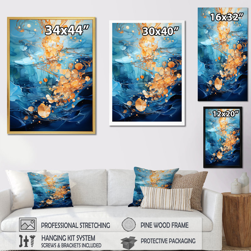 «Blue and Gold Abstract River Reflections», impressions sur toile abstraites, H 44 po x l 34 po x P 1,5 po