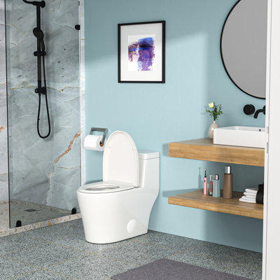 Toilette une pièce en céramique blanche - efficacité de chasse d'eau Tornado, couvercle, hauteur de siège confortable, avec siège système, blanc, siège silencieux, porcelaine durable