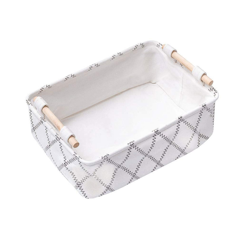Decorative Collapsible Rectangular Fabric Storage Bin Organizer Basket With Wooden Handles For Clothes Storage