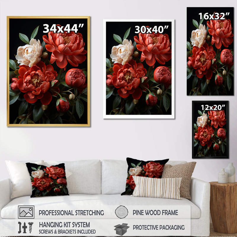 «Blossoms Of Serenity Peony IV» sur toile, H 44 po x l 34 po x P 1,5 po, Cadre flottant doré