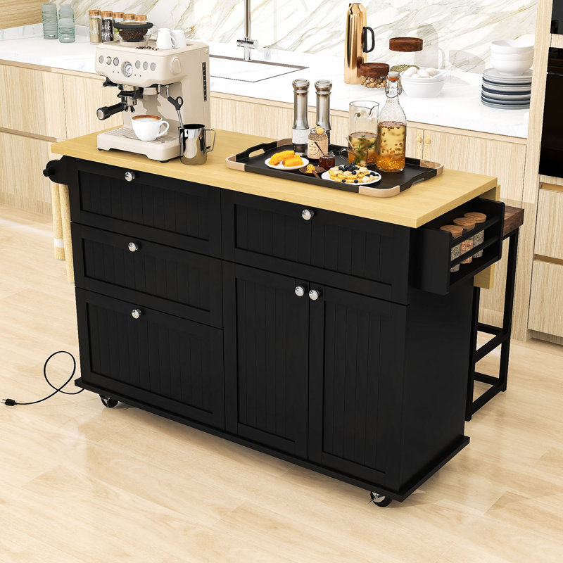 Rosauro Kitchen Islands with Storage Cabinet, 4 Drawers and Towel Rack, Black