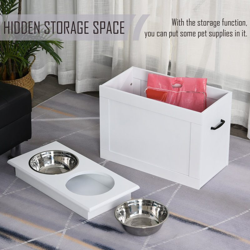White Elevated Pet Feeder with Stainless Steel Bowls and Storage