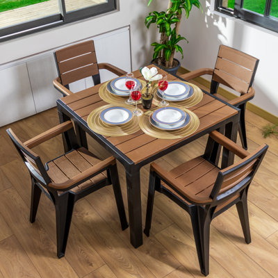 4 Seat Table & 4 Arm Chair Set, Black/Teak Brown