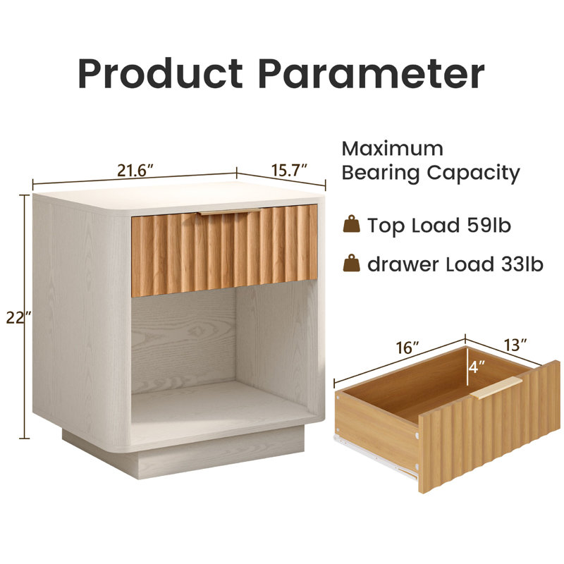 21.6"W Fluted Wooden Nightstand, White/Oak, Individual