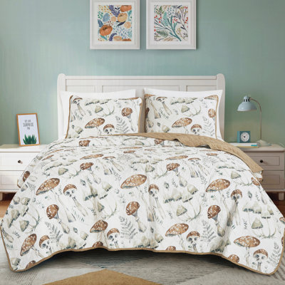 3 Piece And Mushroom Printed Reversible Microfiber Bedspread Set Lightweight Polyester Quilt With Shams, King