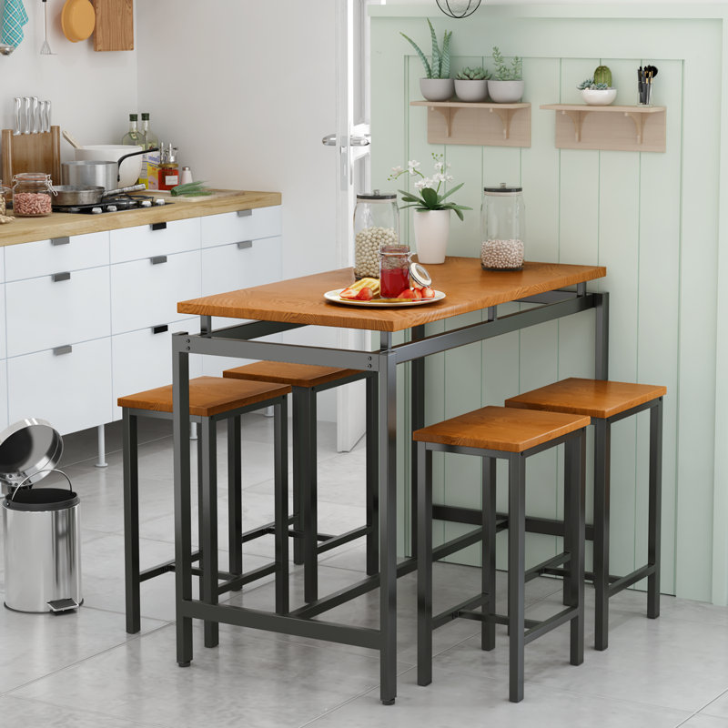 Charmaigne 5-Piece Modern Industrial Dining Set Bar Set | Compact Table & Stools with Space-Saving Design for Dining/Breakfast Nook