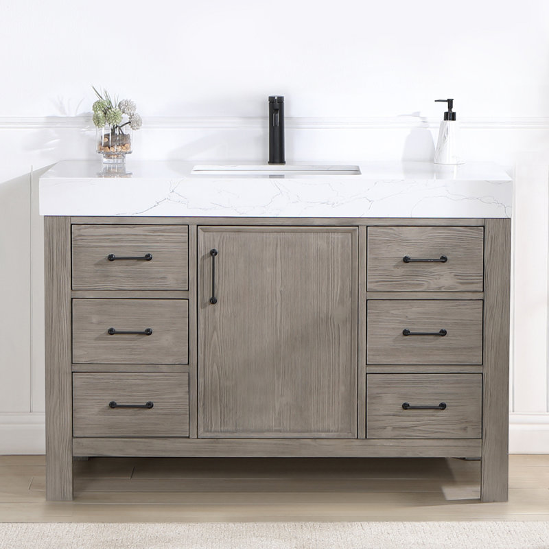 48'' Single Bathroom Vanity with Composite Stone Top, White, Fir Wood Brown, Matte Black