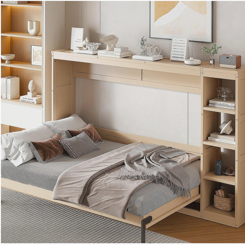 Lit escamotable avec bibliothèque, Lit double, Naturel