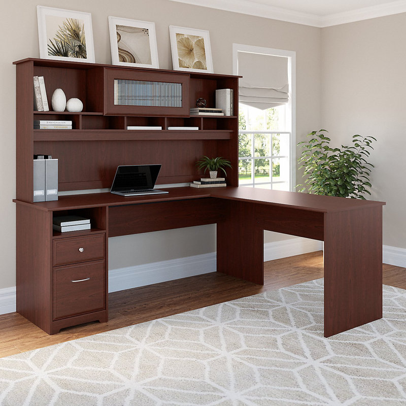 Bureau de direction en L avec huche Ovia, Gris cendre, 66" H x 72" W x 65.2" D