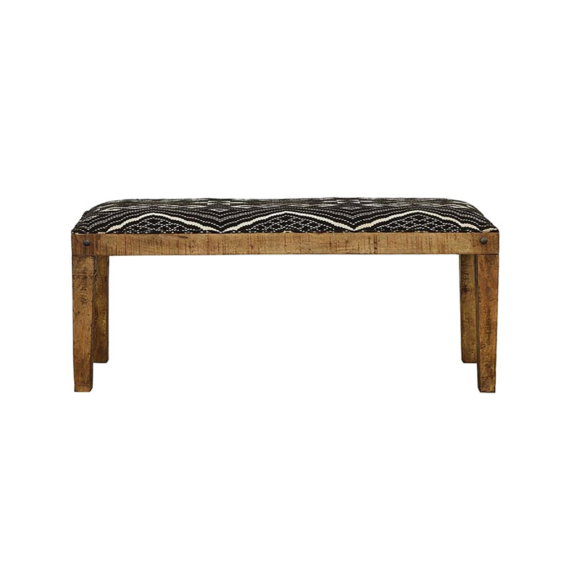 Banc rembourré rustique noir et blanc avec pieds en bois à motif moderne