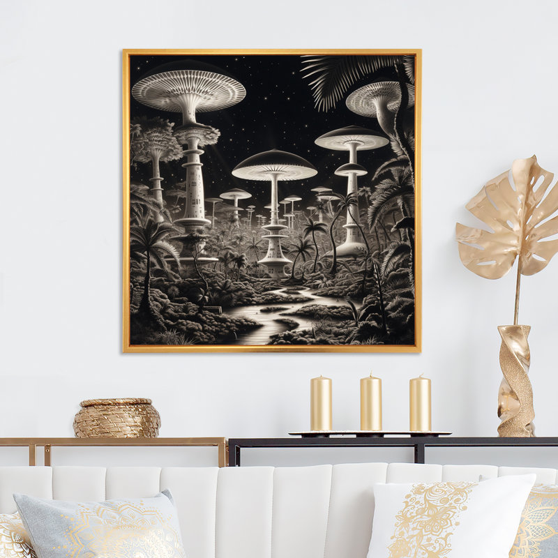 Champignons magiques énigmatiques en noir et blanc - imprimé, Cadre flottant doré, 24" H x 24" W