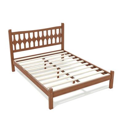Full Size Bamboo Platform Bed With Diamond-Shaped Headboard, Solid Bamboo-Made Bed Frame With Support Slats, For Bedroom, Guest Rooms, Brown