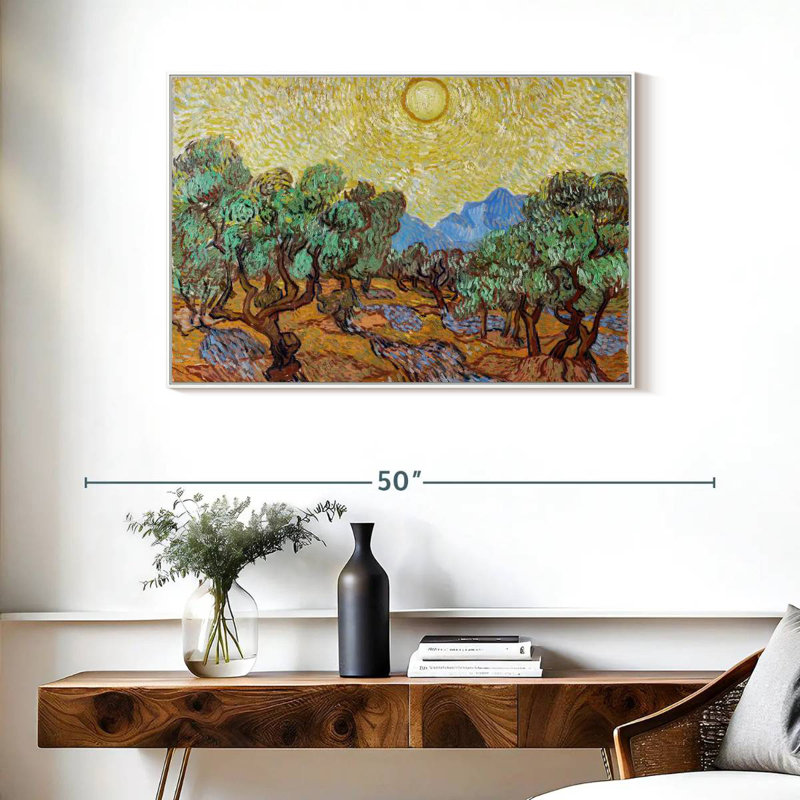 Oliviers avec ciel jaune et soleil, Cadre flottant blanc, 37 po x 25 po