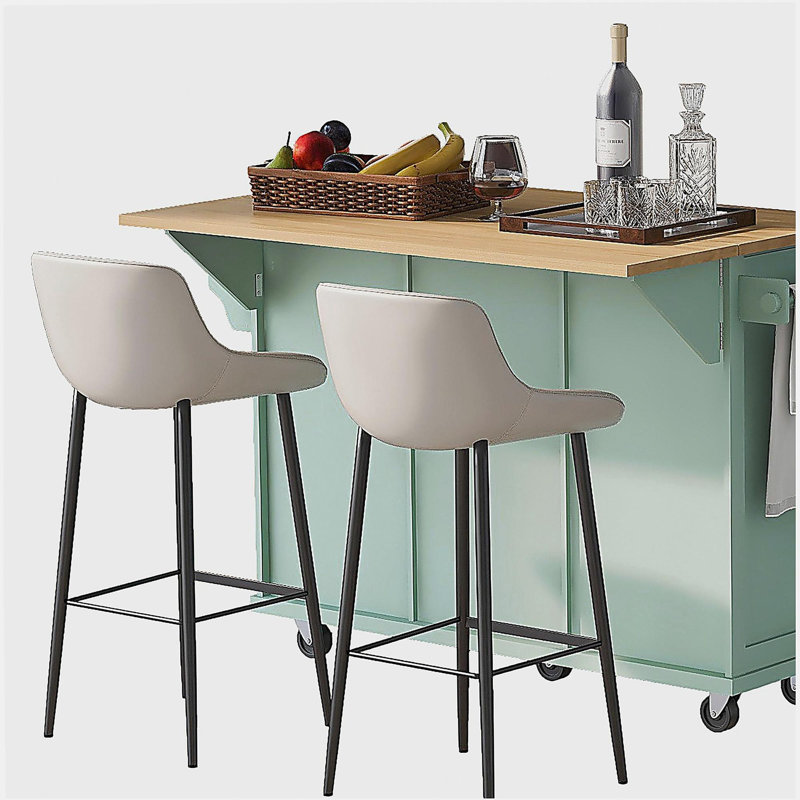 Rubberwood folding countertop kitchen cart, cabinet door with internal storage shelf, 5-wheel storage cabinet with 3 drawers dining room kitchen island, mint green
