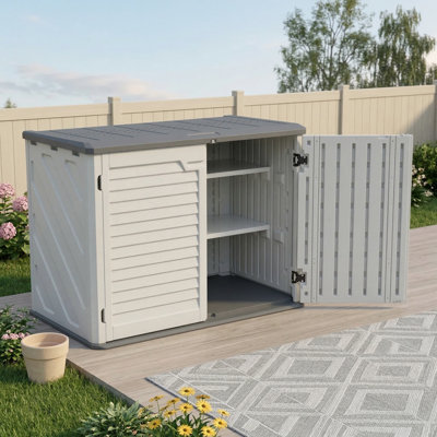 Remise de rangement horizontale avec tablette amovible, grande armoire de rangement verrouillable pour l'extérieur, unité de rangement en plastique PEHD résistant aux intempéries, conçue pour les arrière-cours, les patios, les jardins - 28 pieds cubes, couleur blanc ivoire