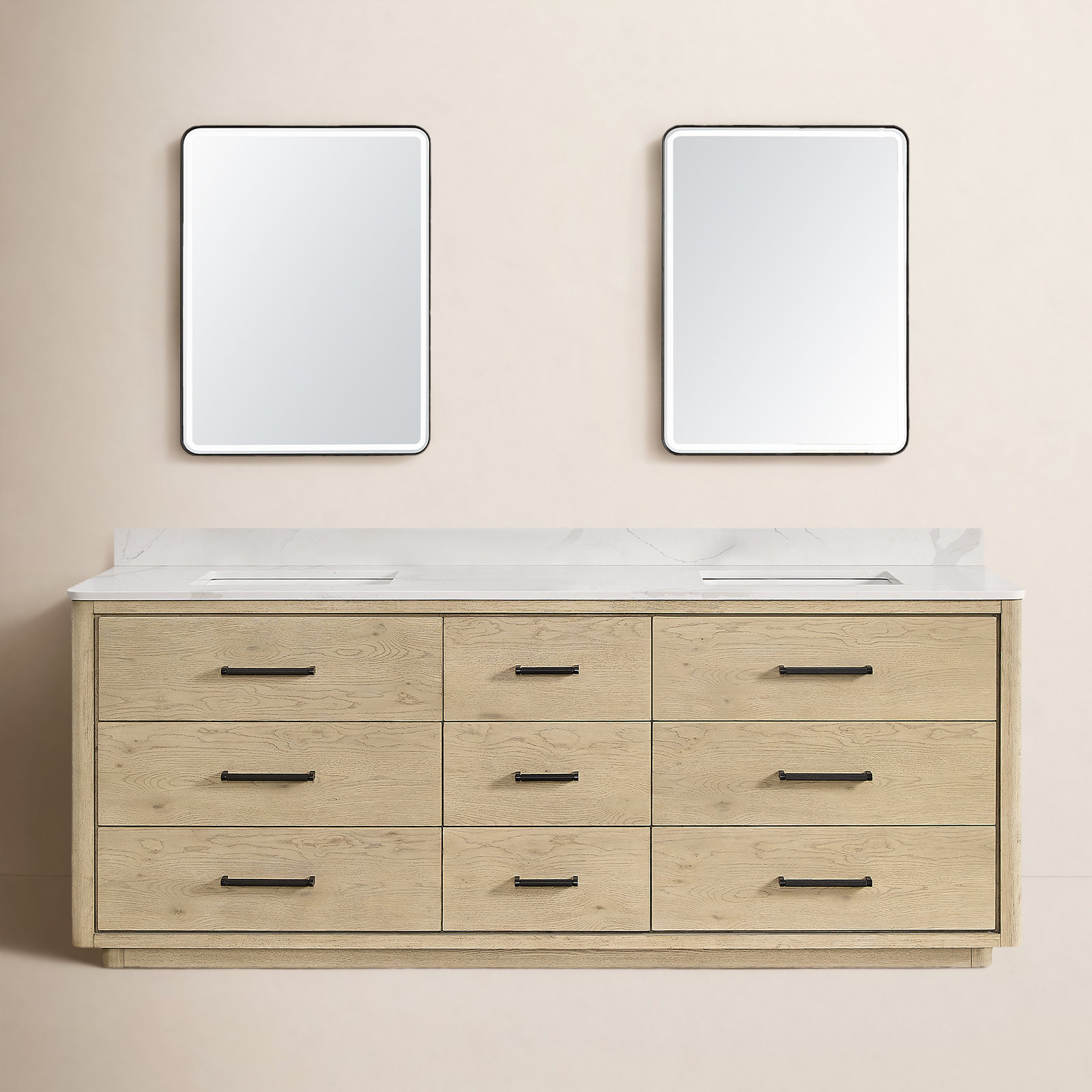 Porto 84'' Double Bathroom Vanity, Natural Oak, Matte Black