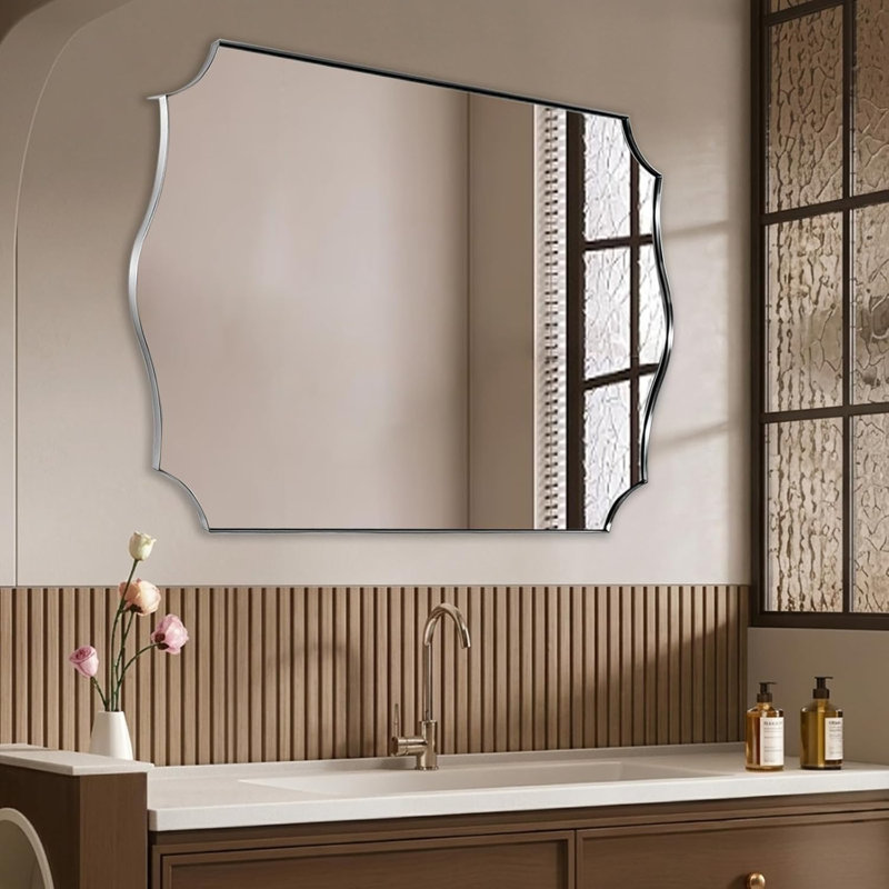 Anayalee Traditional Scalloped Rectangle Bathroom Vanity Mirror | Stainless Steel Frame, Brushed Nickel, 40" x 32"