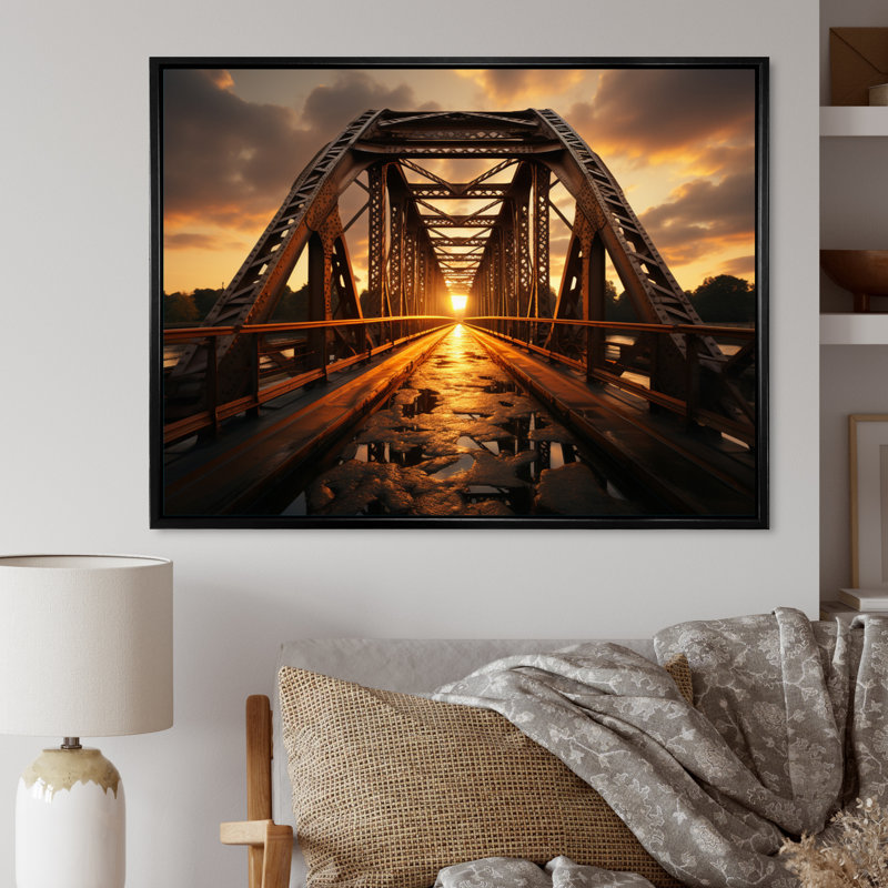 " Yellow Bridge At Dawn II ", Black Floater Framed, 30" H x 40" W x 1.5" D