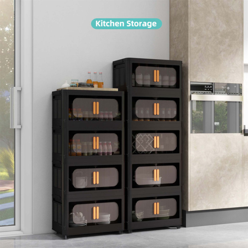 20 Inch Wide Folding Storage Cabinet with 4 Tiers, Collapsible Bins, Magnetic Door, and Wheels for Versatile Use and Easy Mobility