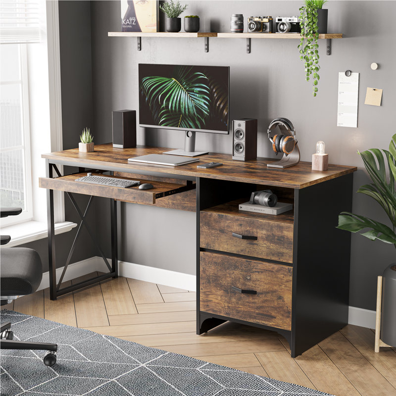 Bureau d'écriture avec plateau pour clavier Labelle, Brun rustique / noir