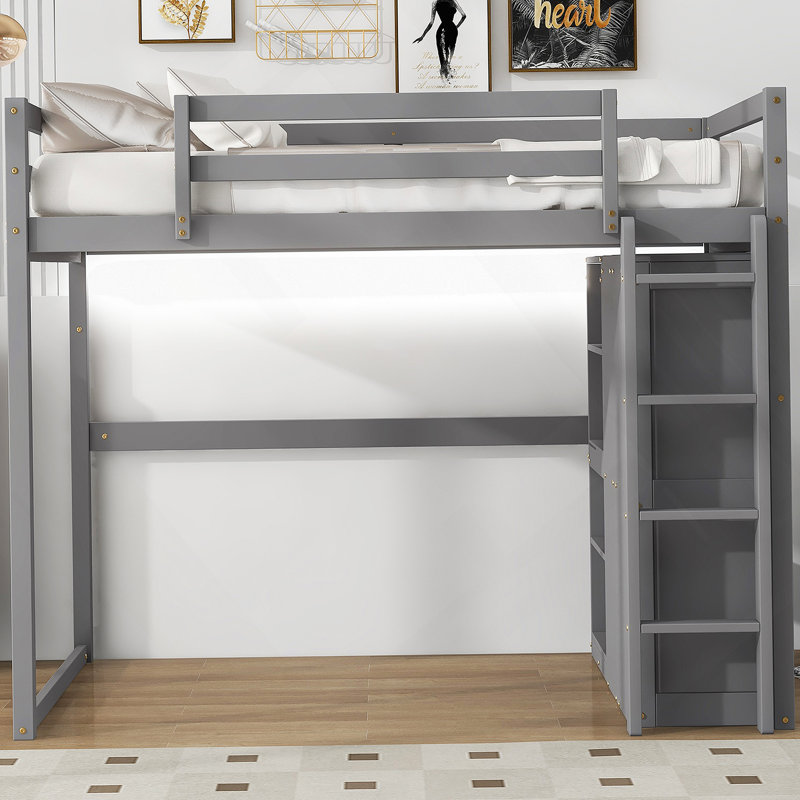 Lit mezzanine en bois avec garde-robe intégré et tablette avec rangement, Gris