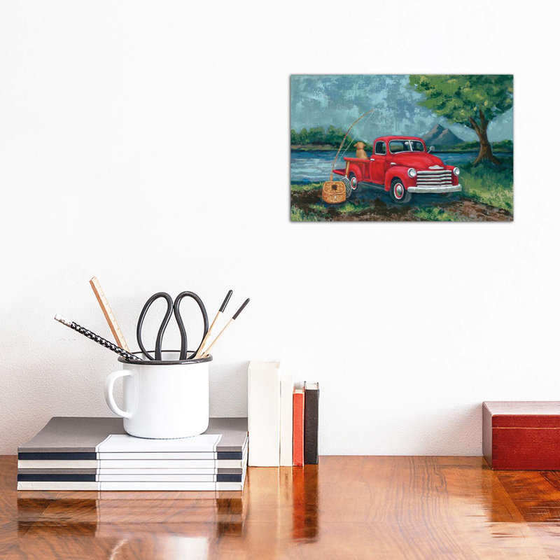 Red Truck Fishing Buddy by Sara Baker - Wrapped Canvas Painting, 20.32 cm H x 30.48 cm W