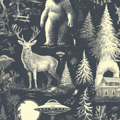 Papier peint auto-adhésif Sezquatch Cryptids Gris anthracite Cryptozoology Aliens Deer Trees auto-adhésif et amovible 24 po x 118 po (60 x 300 cm)