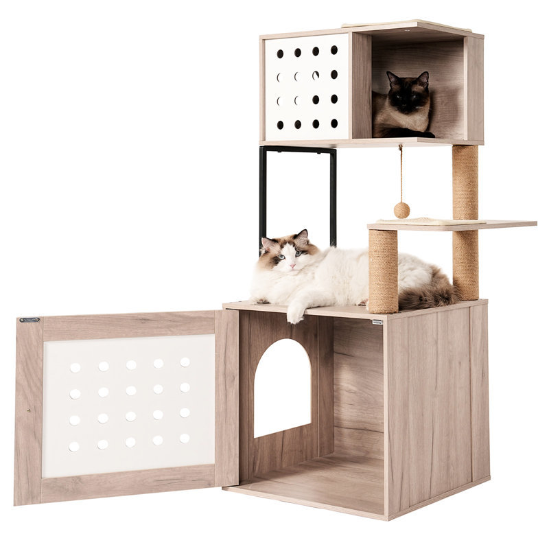 Arbre à chat pour chats d'intérieur: un avec un bac à litière moderne gris et blanc, un grand lit, une station de nourriture et des poteaux à griffer