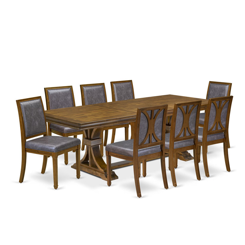 L'ensemble de table de cuisine 9 pièces se compose d'une table de salle à manger et de 8 chaises de cuisine en polyester gris foncé avec dossier haut - finition noyer antique