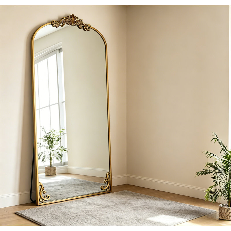 Arched Full-Length Mirror – Vintage Carved Metal Frame With Artistic Base Detailing, Freestanding Floor Mirror In Gold, Ornate Wall Mirror For Home Decor