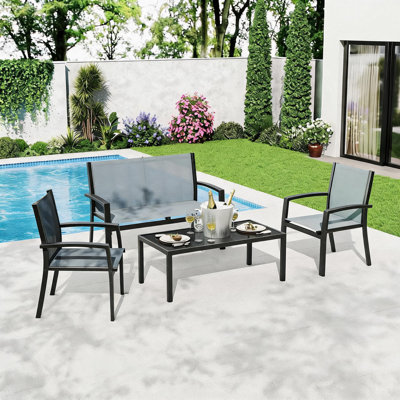 Ensemble de mobilier de patio 4 pièces, ensemble de conversation extérieur avec causeuse, 2 chaises simples et table basse, ensemble de patio moderne en métal avec sièges en textilène respirant pour porche, cour, balcon, gris